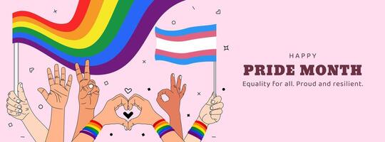 pride month celebration banner design with illustration of hand hold lgbt rainbow transgender pride flag, equality vector