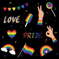 happy pride month seamless pattern with illustration of pride elements vector