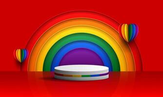 pride month banner concept with 3d rainbow heart and wall decoration with podium. LGBTQ promotion banner background vector