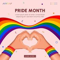 lgbt pride month festival celebration square banner design with illustration of hands holding flags and shows different gestures, human rights violatioin vector