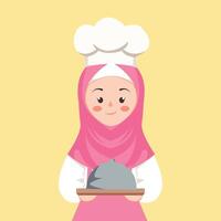 ilustración de un linda cocinero vistiendo un hijab vector