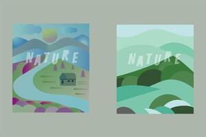 naturaleza y paisaje. ilustración de árboles, bosque, montañas, flores, plantas, casas, campos, granjas y pueblos imagen para fondo, tarjeta o cubrir vector
