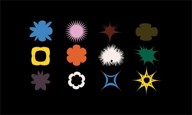 Brutalist abstract geometric shapes and grids. Brutal contemporary figure star oval spiral flower and other primitive elements. Swiss design aesthetic. Bauhaus memphis design.