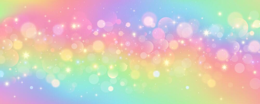 Rainbow unicorn background. Pastel sky with glitter and stars. Colored magic galaxy. Cute purple space with fairy sparkles and bokeh. Gradient space illustration.