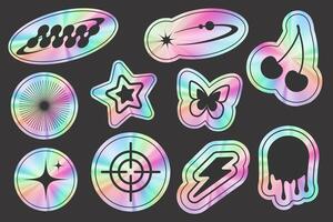 Y2k holographic stickers with realistic gradient texture. Retro foil labels set. rainbow 2000s design stamps. Iridescent acid trendy elements collection. Modern neon emblems. vector