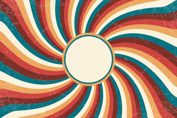 Retro sun background. Abstract summer sunburst with rays. Vintage grunge texture 70s design. Old paper groovy color illustration.