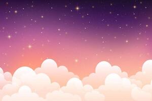 Pink cloudy sky background. Pastel fantasy purple sunset. Abstract dreamy magic wallpaper with soft light. Fairy heaven morning illustration with gradient texture with cute stars. vector