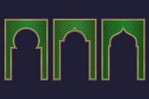 Ramadán islámico arco marco con ornamento. musulmán tradicional puerta ilustración para Boda invitación enviar y plantillas. dorado y verde marcos en oriental estilo. persa ventanas formas colocar. vector