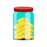 Money box. Glass jar with gold coins isolated on white background. vector