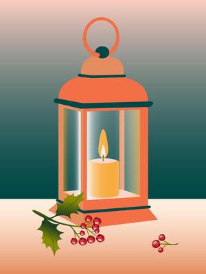 Vintage lamp with burning candles. Cute Christmas card with night light and holly berries.