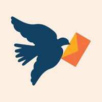 Concepts of development of communications. A blue carrier pigeon carrying a letter flies isolated on a light pink background. vector