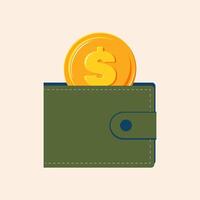 verde billetera con uno oro moneda, aislado en un ligero rosado antecedentes. recepción y enviando negocio pagos vector