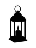 Antique lamp with a lit candle in the form of a black silhouette isolated on a white background. vector