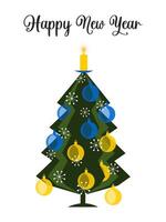 Christmas tree with yellow and blue balls. A candle burning on top of a tree. Festive New Year vertical card. vector