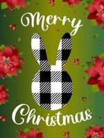 Merry Christmas. Happy Holidays. Checkered rabbit in poinsettia flowers. Vertical festive new year banner with green background. vector