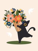 Black cute cat holds in his hands a basket with a large bouquet of spring flowers on a light pink vertical background for greeting cards. vector