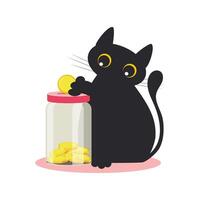 Piggy bank and black cute cat. Glass jar with gold coins isolated on white background. Donate and support. vector