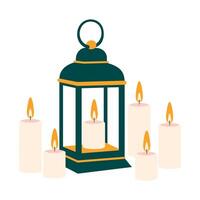 antiguo verde lámpara con un lote de iluminado velas en un blanco antecedentes. romántico y religioso ilustración para un tarjeta postal. vector