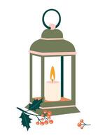 antiguo verde lámpara con un iluminado vela y acebo bayas. Navidad ilustración para un tarjeta postal con un blanco antecedentes. vector