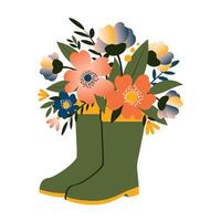 Bouquet of beautiful spring flowers and leaves in green rubber boots isolated on white background. vector