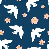 White bird doves and pink spring flowers on a blue background create a seamless trendy pattern for textiles. vector
