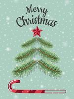 Navidad árbol hecho desde ramas con un rojo estrella y caramelo caña. festivo nuevo año vertical azul tarjeta. vector