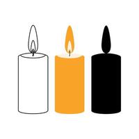 Set of three candles yellow, black silhouette and contour for coloring. The illustration is isolated on a white background. vector