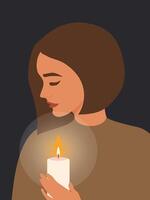 A burning candle in the hands of a woman on a black vertical background illuminates and warms their home. Ukraine without electricity and heat in 2022. vector