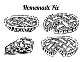 Homemade pie doodle set, line in black color illustration of apple, pumpkin or fruit pie for recipe. vector