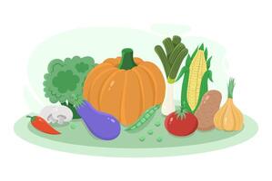 composición con diferente vegetales en plano estilo - calabaza, pepino, papa, hongos, berenjena, brócoli, rojo pimienta, chícharos y maíz en un blanco antecedentes ilustración vector