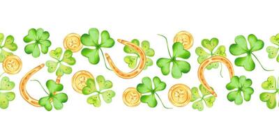 Horizontal seamless border with clover petals, golden horseshoe and coins. Watercolor illustration. Hand drawn Irish symbol for St. Patrick's Day. Isolated design element for packaging, web banner vector