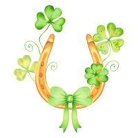 Composition with clover petals and golden horseshoe with green bow.Watercolor and marker illustration.Hand drawn Irish symbol for St. Patrick's Day.Isolated sketch element of luck, wealth or success vector
