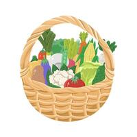 A knitted basket containing many different vegetables on a white background. illustration vector