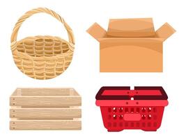 Set with different empty bags on a white background. Corton box, wicker basket, plastic shopping bag and wooden box. Flat style illustration vector