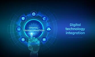 Digital transformation. Digitization of business processes modern technology concept on virtual screen. Disruption, innovation solutions. Wireframe hand touching digital interface. illustration vector