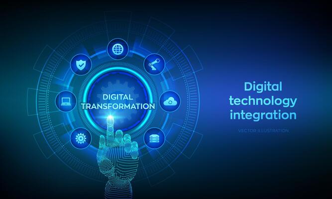 Digital transformation. Digitization of business processes modern technology concept on virtual screen. Disruption, innovation solutions. Wireframe hand touching digital interface. illustration