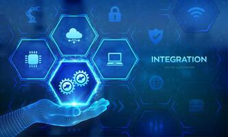 integración datos sistema. sistema integración tecnología concepto en estructura metálica mano. industrial y inteligente tecnología. negocio y automatización soluciones ilustración. vector