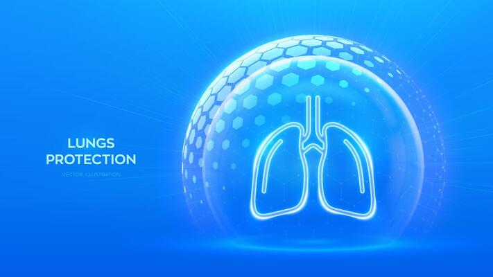 Lungs care and protection. Healthy lungs medical concept. Human respiratory system anatomy lungs organ icon inside protection sphere shield with hexagon pattern on blue background. illustration