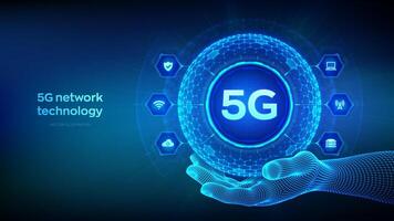 5g red inalámbrico sistemas, Internet de cosas tecnología concepto en el forma de esfera con hexágono cuadrícula modelo en estructura metálica mano. 5g inalámbrico móvil Internet Wifi conexión. ilustración. vector