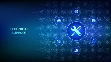 Technical support. Customer help. Online tech support. Customer service, Business and technology concept. Background with circuit board connections and tech icons. Illustration. vector