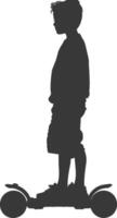 silhouette boy riding hoverboard full body black color only vector