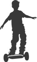 silhouette boy riding hoverboard full body black color only vector