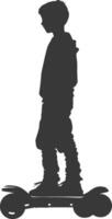 silhouette boy riding hoverboard full body black color only vector