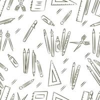 Teachers day. Seamless pattern hand-drawn line sketch of black and white school materials. vector