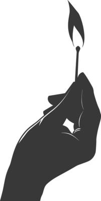 Silhouette hand holding burning match black color only