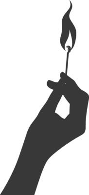Silhouette hand holding burning match black color only