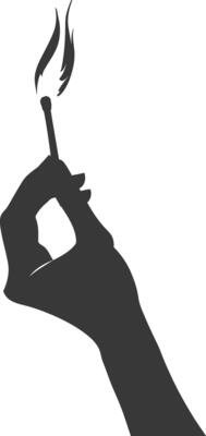 Silhouette hand holding burning match black color only