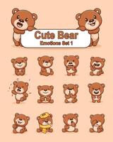 Set of cute bear cartoon character in various poses stickers vector