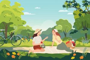 joven mujer a picnic en el parque. contento muchachas gastar hora juntos en césped al aire libre. amigos relajante y apoyo cada otro en verano vacaciones. plano ilustración. paisaje con ciudad jardín vector