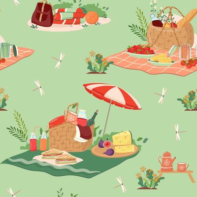 Cartoon flat picnic basket seamless pattern full of delicious. picnic hampers for food background. Outdoor leisure print great for textiles, banners, wallpaper